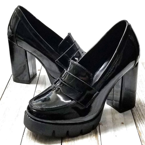 Shoes - New Black Patent Platform Chunky High Heel Penny Loafers Size 5.5